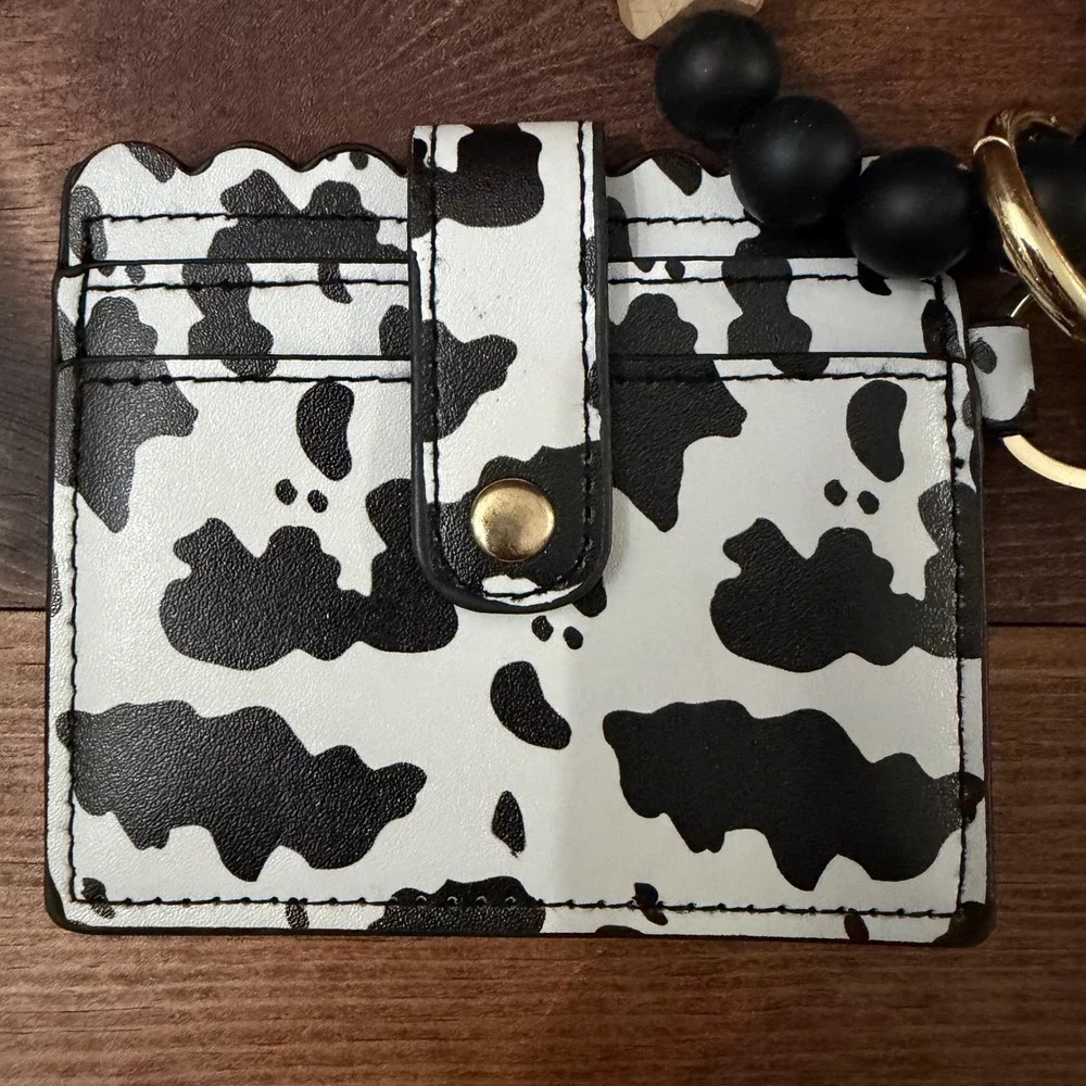 Cow Print Card Holder Wallet with Silicone Bead Wristlet Keychain Tassel Black
